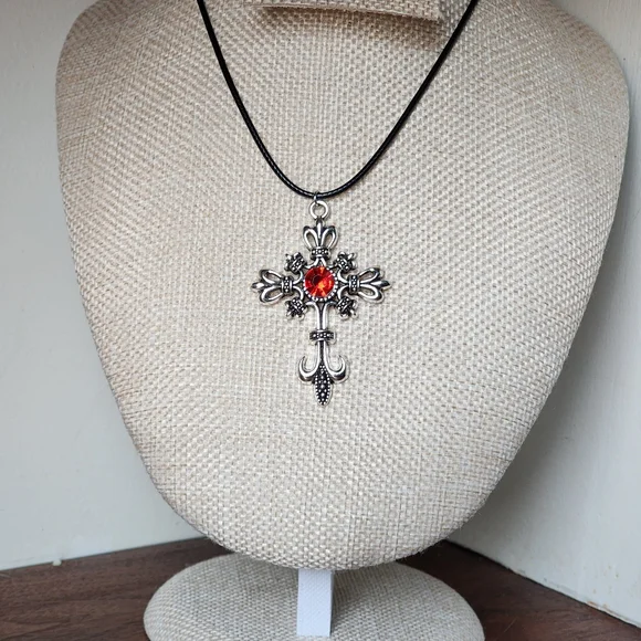 Elegant Silver Goth Easter Cross Pendant Necklace with Red Gem - Picture 4 of 8